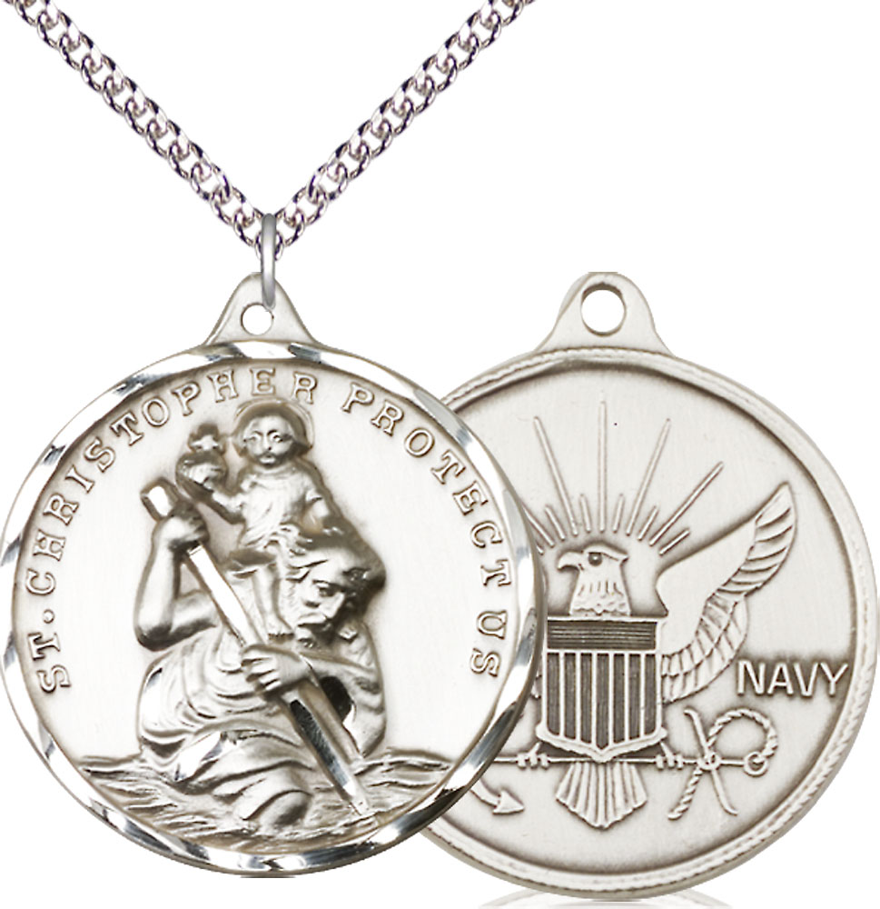 Sterling Silver Saint Christopher Navy Pendant on a 24 inch Sterling Silver Heavy Curb chain