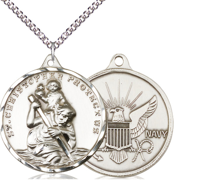 Sterling Silver Saint Christopher Navy Pendant on a 24 inch Sterling Silver Heavy Curb chain