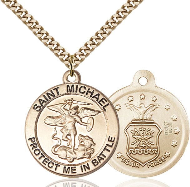 14kt Gold Filled Saint Michael Air Force Pendant on a 24 inch Gold Plate Heavy Curb chain