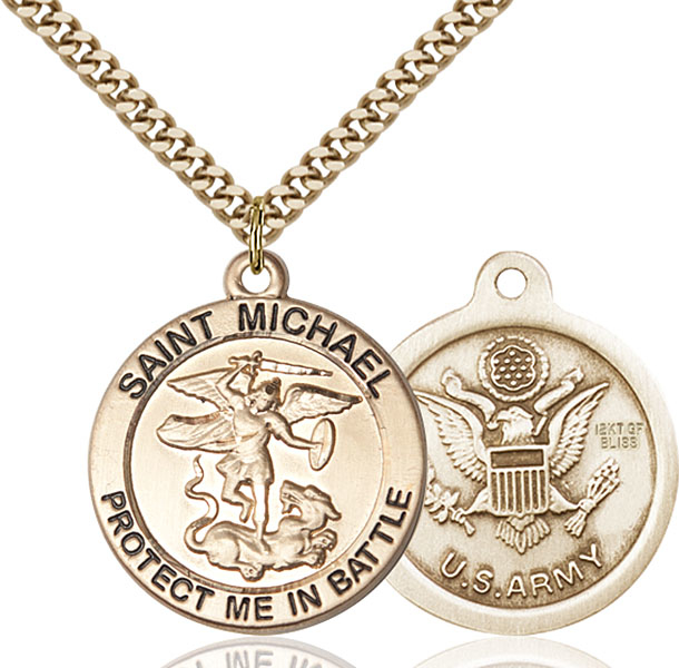 14kt Gold Filled Saint Michael Army Pendant on a 24 inch Gold Plate Heavy Curb chain