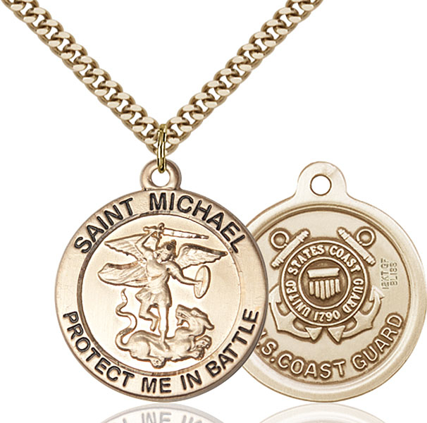 14kt Gold Filled Saint Michael Coast Guard Pendant on a 24 inch Gold Plate Heavy Curb chain