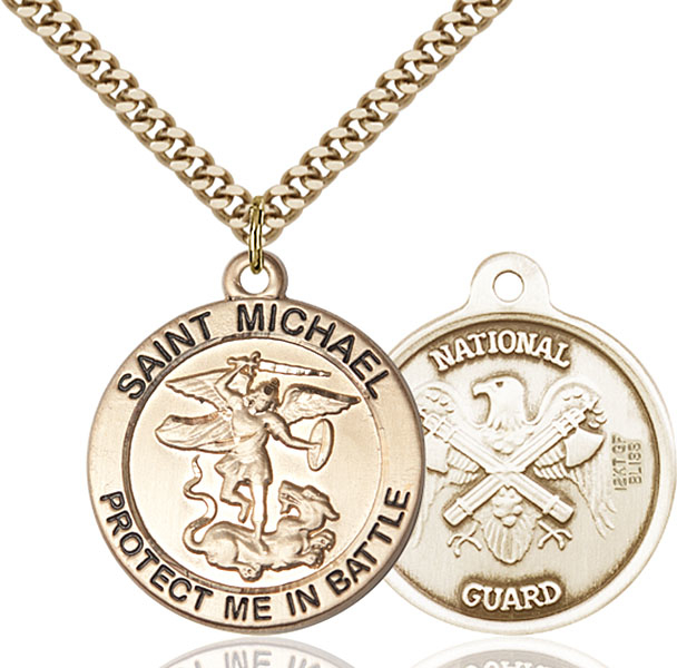 14kt Gold Filled Saint Michael National Guard Pendant on a 24 inch Gold Plate Heavy Curb chain