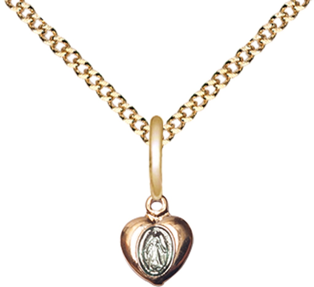 14kt Gold Filled Miraculous Heart Pendant on a 18 inch Gold Plate Light Curb chain