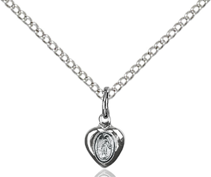 Sterling Silver Miraculous Heart Pendant on a 18 inch Light Rhodium Light Curb chain