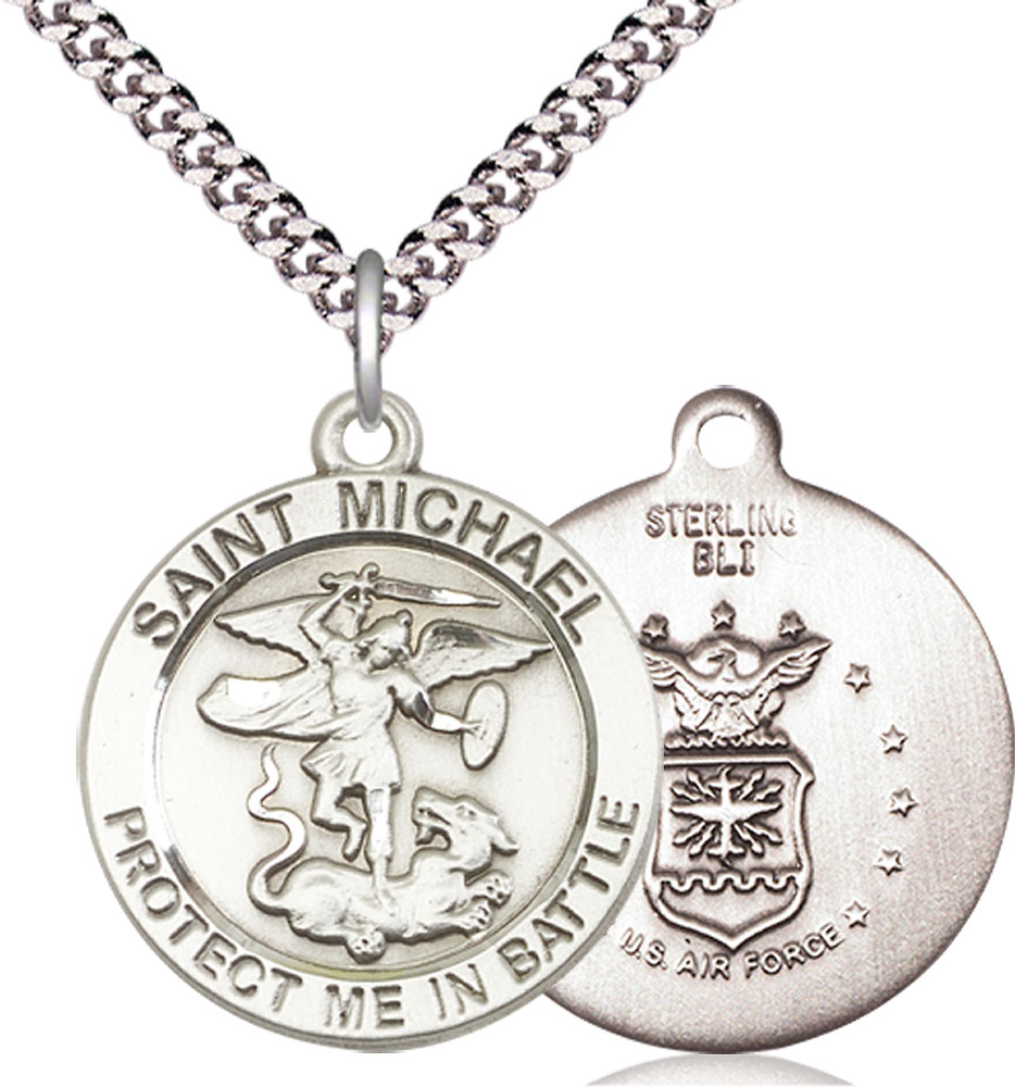 Sterling Silver Saint Michael Air Force Pendant on a 24 inch Light Rhodium Heavy Curb chain