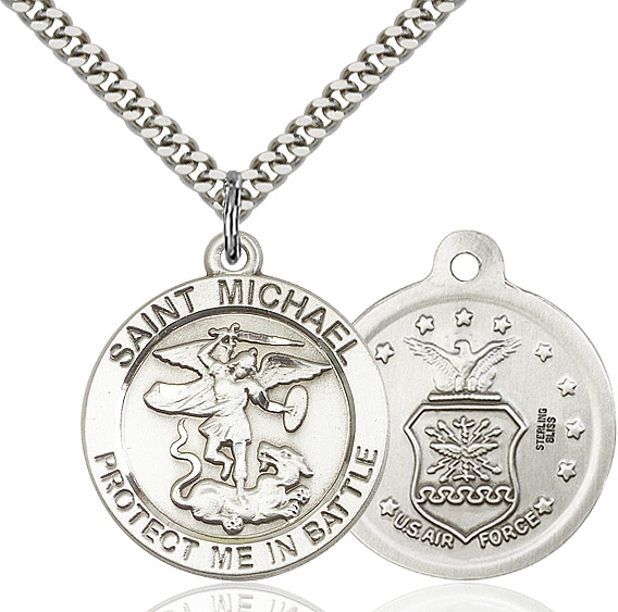 Sterling Silver Saint Michael Air Force Pendant on a 24 inch Light Rhodium Heavy Curb chain