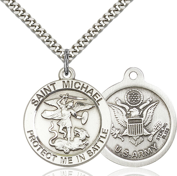 Sterling Silver Saint Michael Army Pendant on a 24 inch Light Rhodium Heavy Curb chain