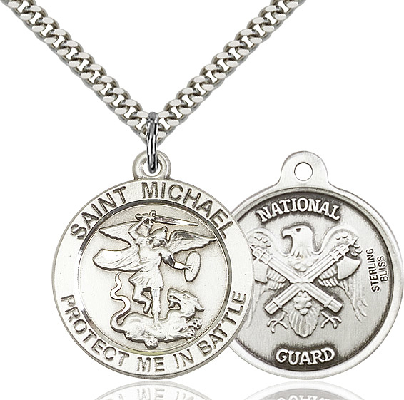 Sterling Silver Saint Michael National Guard Pendant on a 24 inch Light Rhodium Heavy Curb chain