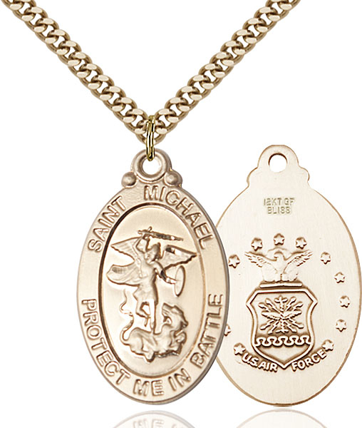 14kt Gold Filled Saint Michael Air Force Pendant on a 24 inch Gold Plate Heavy Curb chain