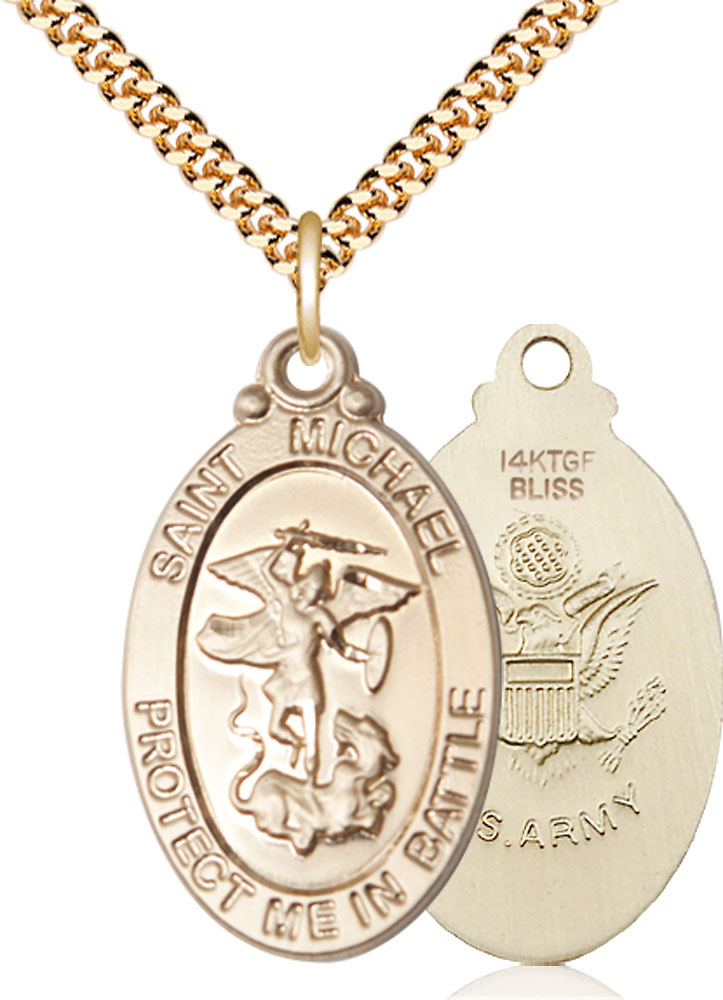 14kt Gold Filled Saint Michael Army Pendant on a 24 inch Gold Plate Heavy Curb chain