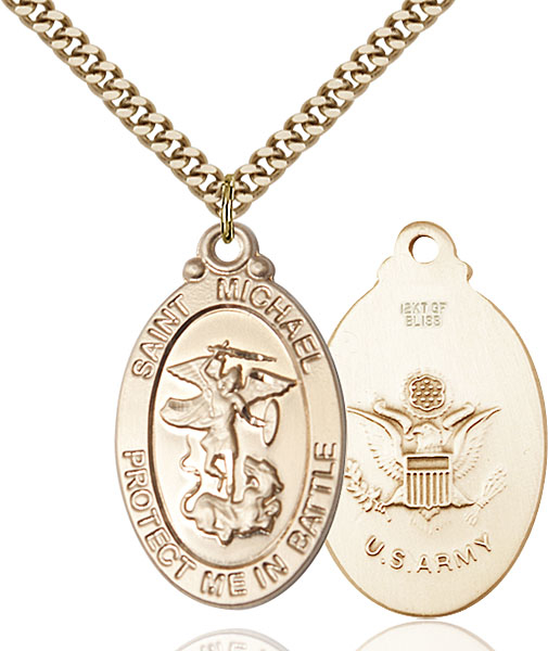 14kt Gold Filled Saint Michael Army Pendant on a 24 inch Gold Plate Heavy Curb chain