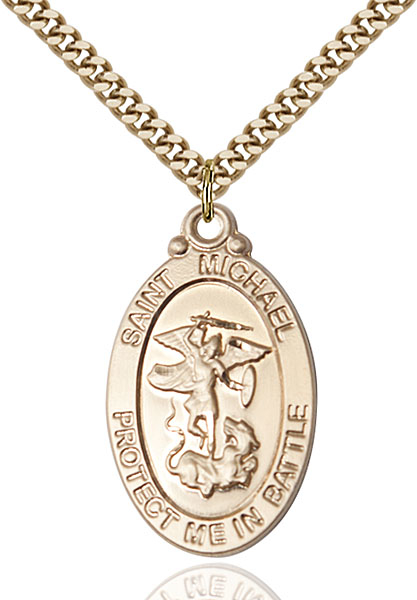 14kt Gold Filled Saint Michael National Guard Pendant on a 24 inch Gold Plate Heavy Curb chain