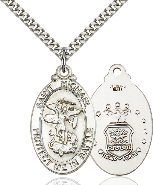 Sterling Silver Saint Michael Air Force Pendant on a 24 inch Light Rhodium Heavy Curb chain