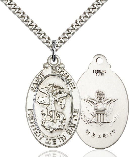 Sterling Silver Saint Michael Army Pendant on a 24 inch Light Rhodium Heavy Curb chain