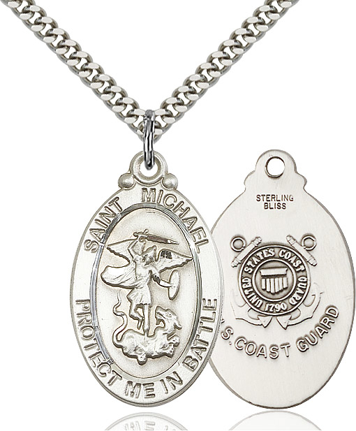 Sterling Silver Saint Michael Guardian Angel Coast Guard Pendant on a 24 inch Light Rhodium Heavy Curb chain