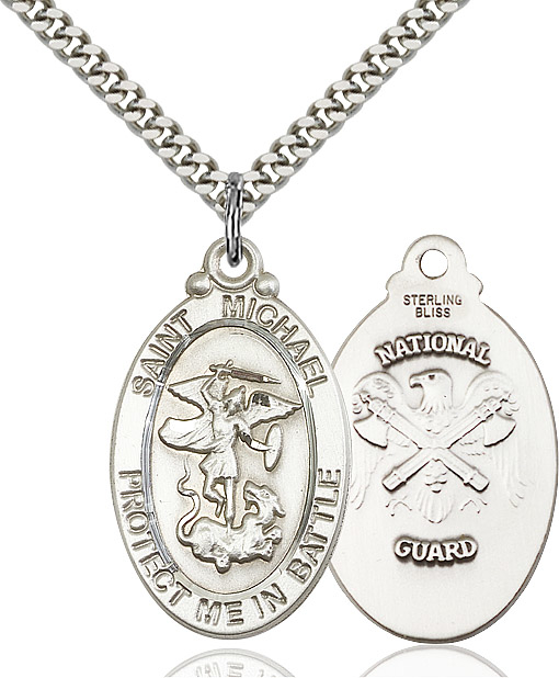 Sterling Silver Saint Michael National Guard Pendant on a 24 inch Light Rhodium Heavy Curb chain