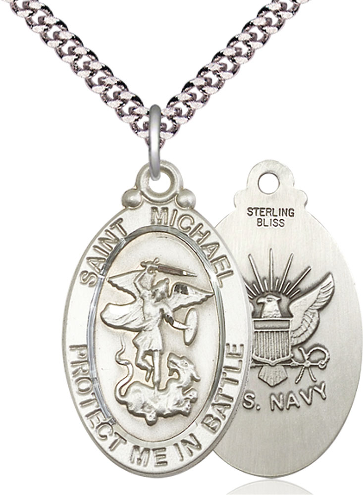Sterling Silver Saint Michael Navy Pendant on a 24 inch Light Rhodium Heavy Curb chain