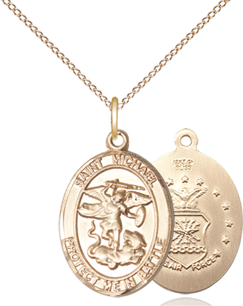 14kt Gold Filled Saint Michael Air Force Pendant on a 18 inch Gold Filled Light Curb chain