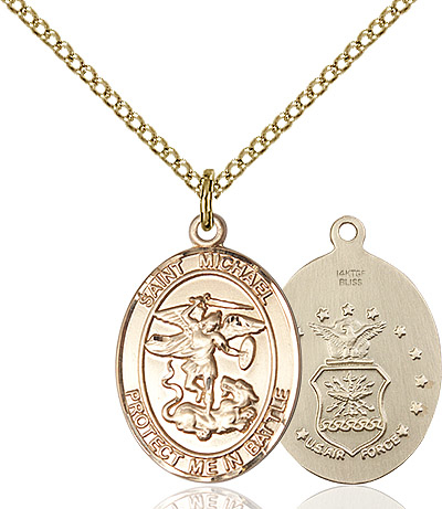 14kt Gold Filled Saint Michael Air Force Pendant on a 18 inch Gold Filled Light Curb chain