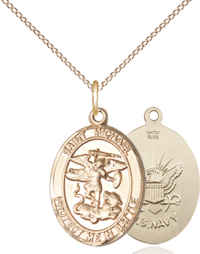 14kt Gold Filled Saint Michael Navy Pendant on a 18 inch Gold Filled Light Curb chain