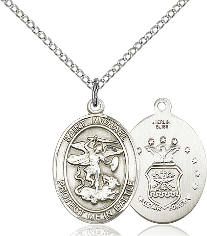 Sterling Silver Saint Michael Air Force Pendant on a 18 inch Sterling Silver Light Curb chain