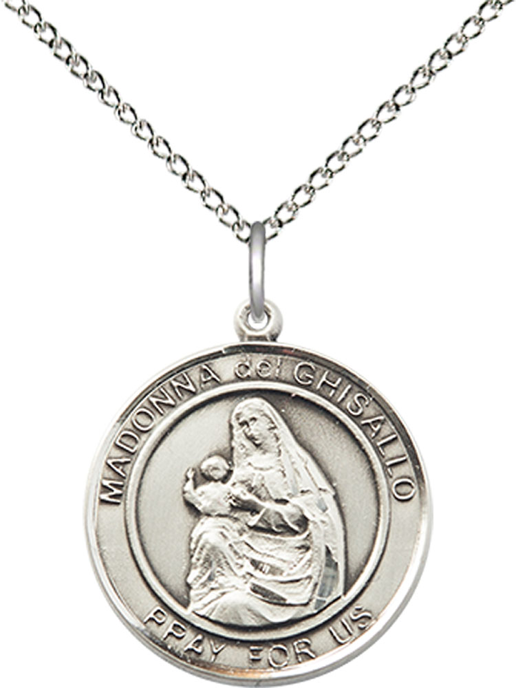 Sterling Silver Madonna del Ghisallo Pendant on a 18 inch Sterling Silver Light Curb chain