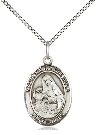 Sterling Silver Saint Madonna Del Ghisallo Pendant on a 18 inch Sterling Silver Light Curb chain
