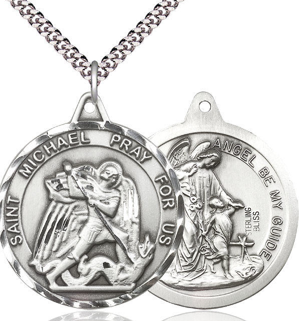 Sterling Silver Saint Michael Guardian Angel Pendant on a 24 inch Light Rhodium Heavy Curb chain