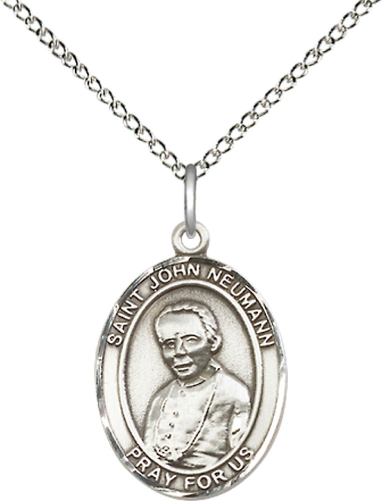 Sterling Silver Saint John Neumann Pendant on a 18 inch Sterling Silver Light Curb chain