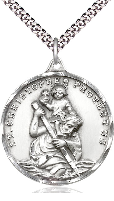 Sterling Silver Saint Christopher Pendant on a 24 inch Light Rhodium Heavy Curb chain