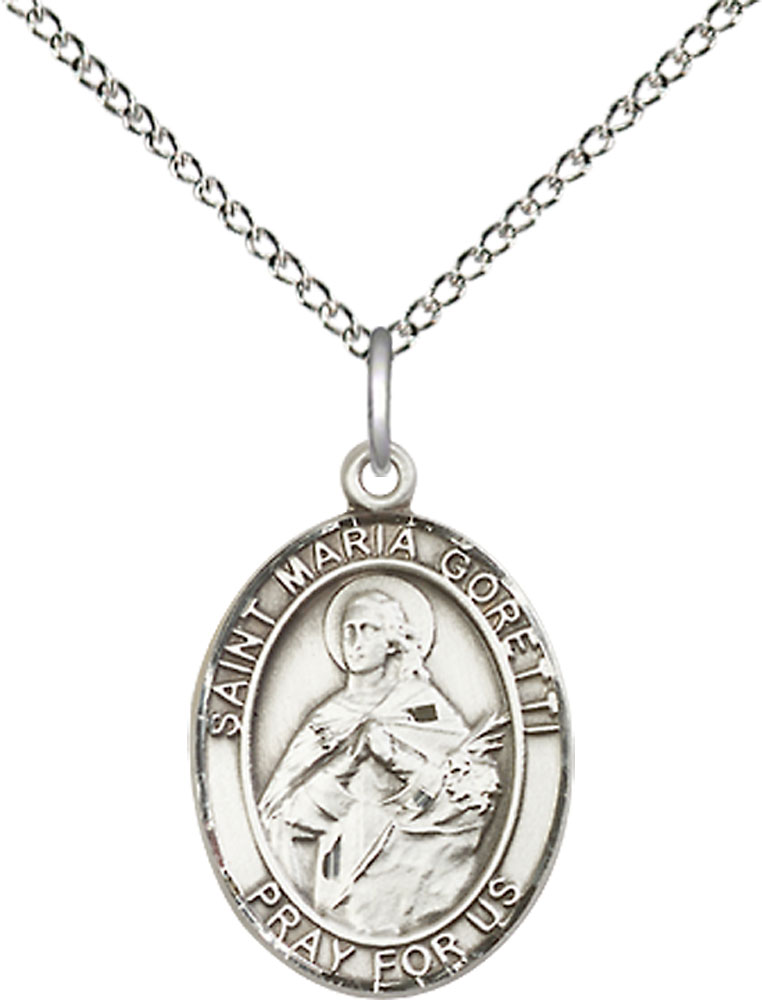 Sterling Silver Saint Maria Goretti Pendant on a 18 inch Sterling Silver Light Curb chain