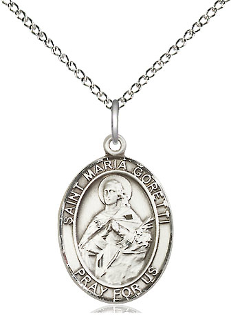 Sterling Silver Saint Maria Goretti Pendant on a 18 inch Sterling Silver Light Curb chain