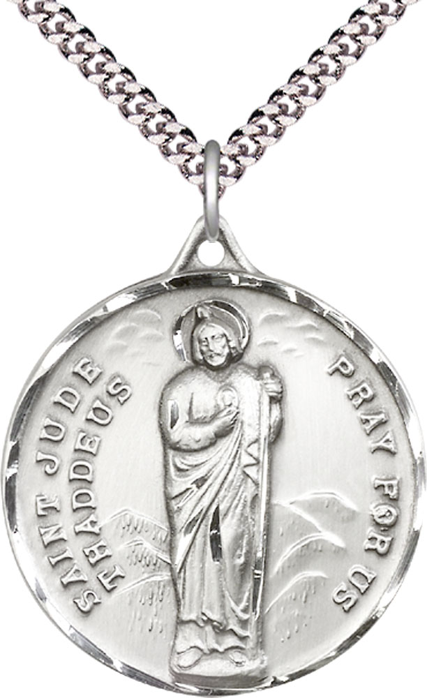 Sterling Silver Saint Jude Pendant on a 24 inch Light Rhodium Heavy Curb chain