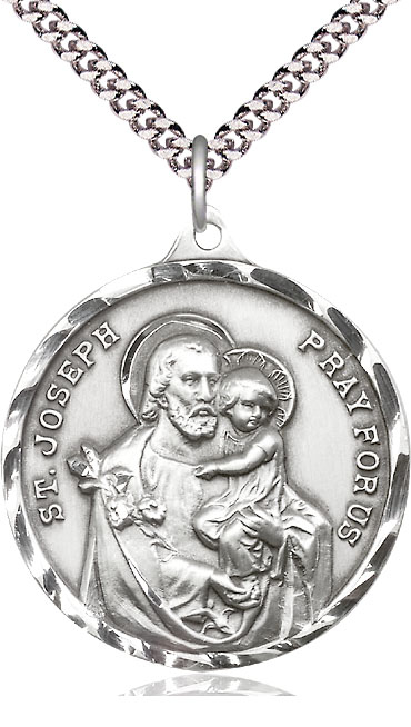 Sterling Silver Saint Joseph Pendant on a 24 inch Light Rhodium Heavy Curb chain