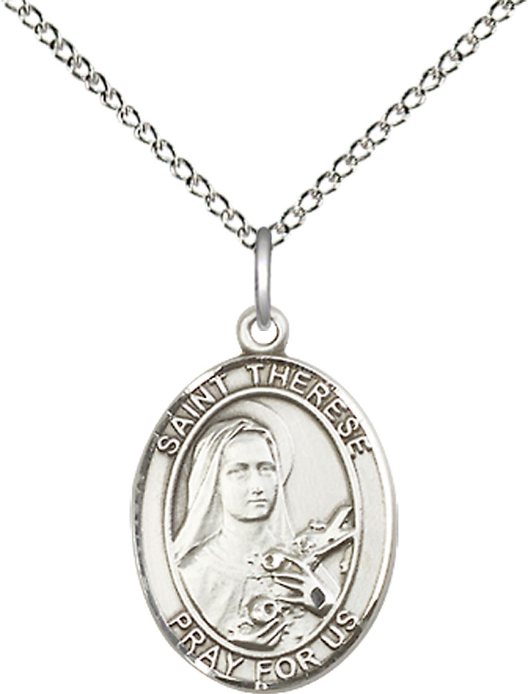 Sterling Silver Saint Therese of Lisieux Pendant on a 18 inch Sterling Silver Light Curb chain