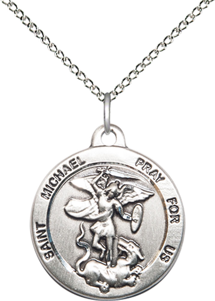 Sterling Silver Saint Michael the Archangel Pendant on a 18 inch Sterling Silver Light Curb chain