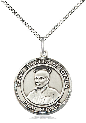 Sterling Silver Saint Ignatius of Loyola Pendant on a 18 inch Sterling Silver Light Curb chain