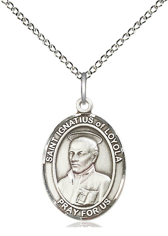 Sterling Silver Saint Ignatius of Loyola Pendant on a 18 inch Sterling Silver Light Curb chain