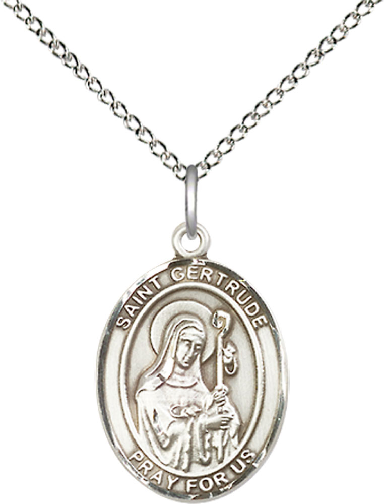 Sterling Silver Saint Gertrude of Nivelles Pendant on a 18 inch Sterling Silver Light Curb chain