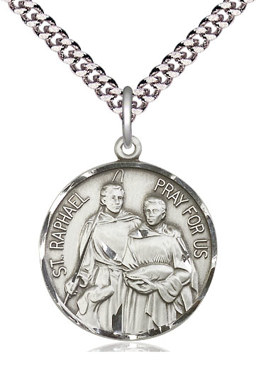 Sterling Silver Saint Raphael Pendant on a 24 inch Light Rhodium Heavy Curb chain