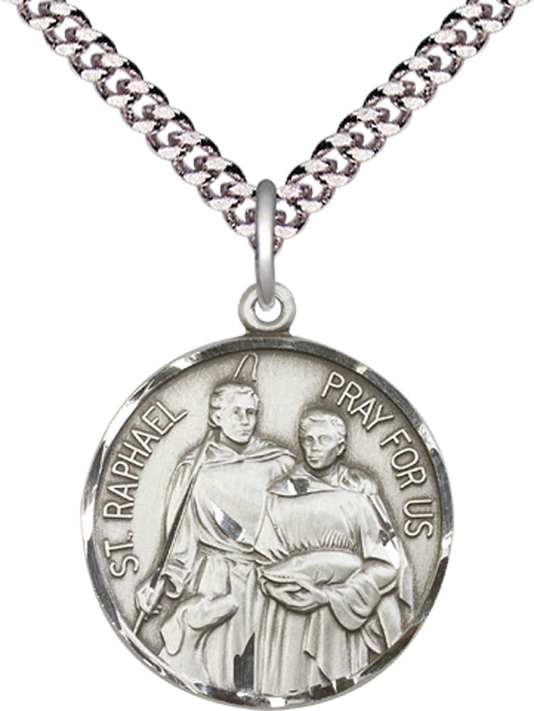 Sterling Silver Saint Raphael Pendant on a 24 inch Light Rhodium Heavy Curb chain