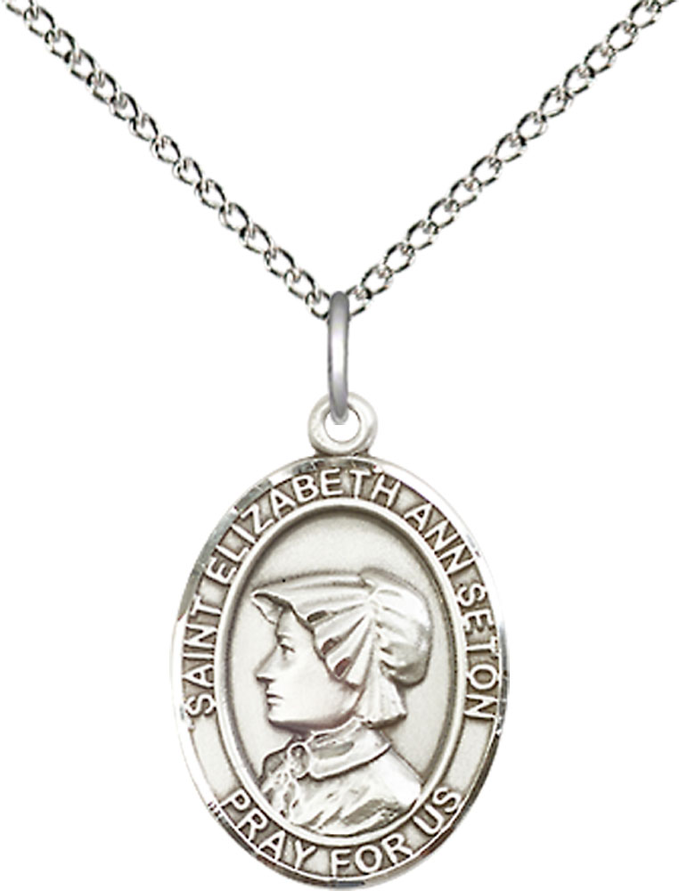 Sterling Silver Saint Elizabeth Ann Seton Pendant on a 18 inch Sterling Silver Light Curb chain