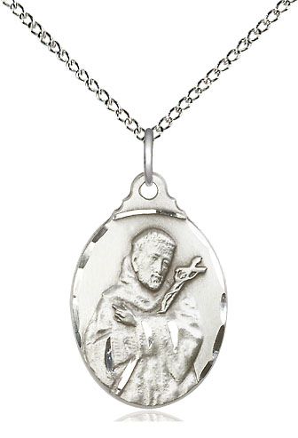 Sterling Silver Saint Francis Pendant on a 18 inch Sterling Silver Light Curb chain