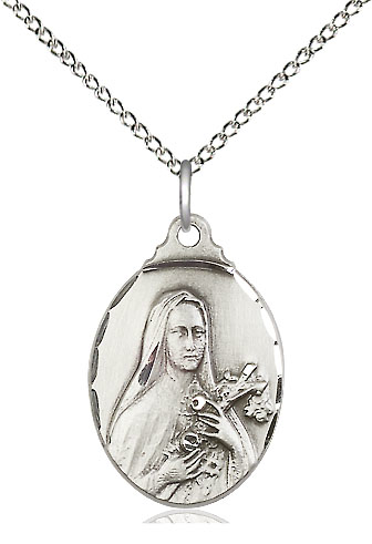 Sterling Silver Saint Theresa Pendant on a 18 inch Sterling Silver Light Curb chain