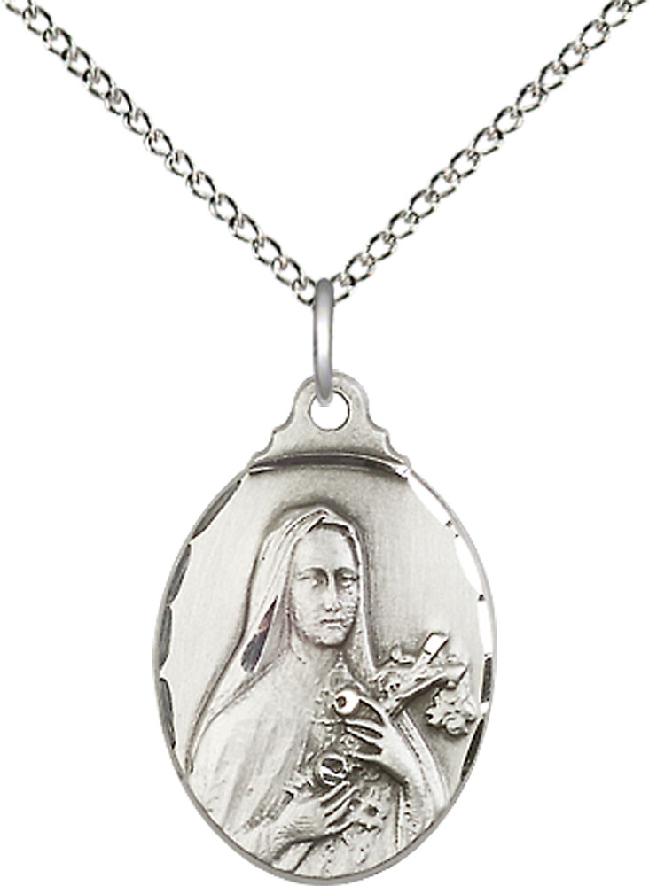 Sterling Silver Saint Theresa Pendant on a 18 inch Sterling Silver Light Curb chain