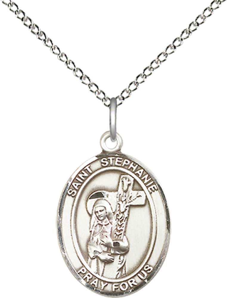 Sterling Silver Saint Stephanie Pendant on a 18 inch Sterling Silver Light Curb chain
