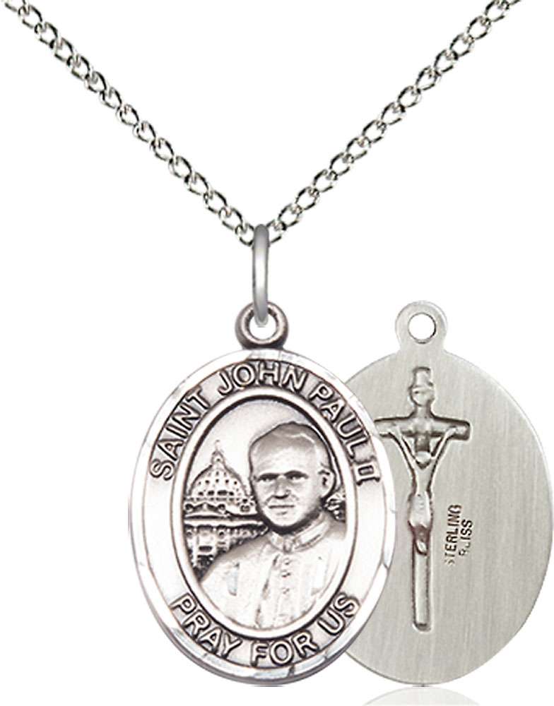 Sterling Silver Saint John Paul II Pendant on a 18 inch Sterling Silver Light Curb chain