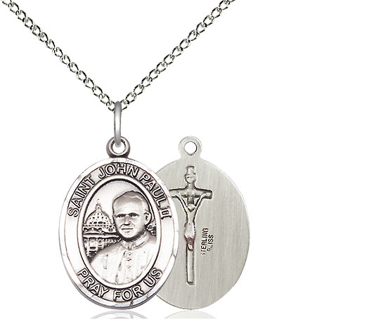 Sterling Silver Saint John Paul II Pendant on a 18 inch Sterling Silver Light Curb chain