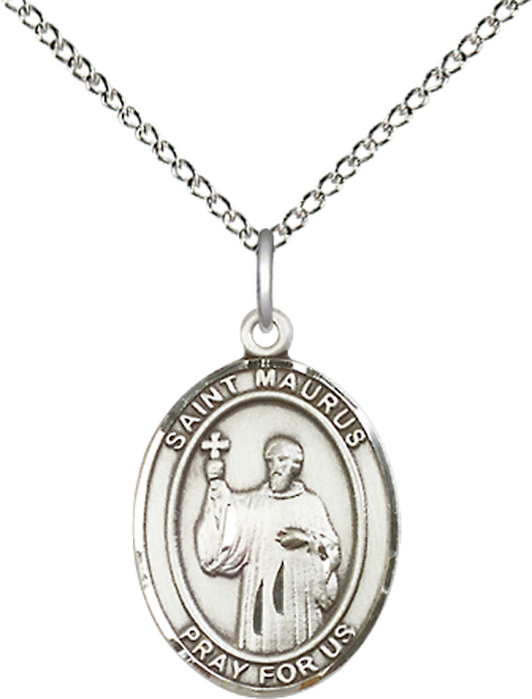 Sterling Silver Saint Maurus Pendant on a 18 inch Sterling Silver Light Curb chain