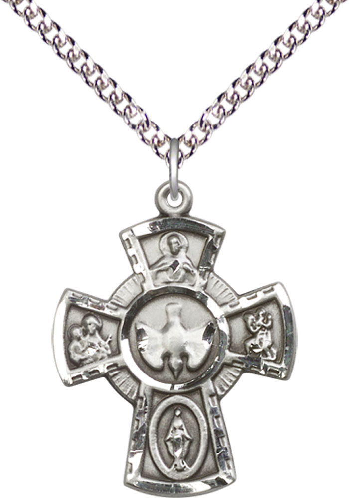 Sterling Silver 5-Way Pendant on a 24 inch Sterling Silver Heavy Curb chain
